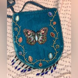 Teal Velvet Beaded Butterfly Crossbody Bag Boho Embroidered Fringe